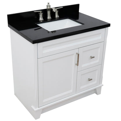 37" Single sink vanity in White finish with Black galaxy granite and Left door/Center sink