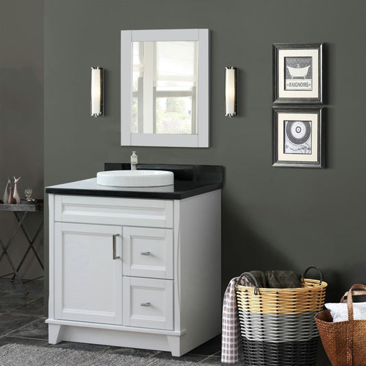 37" Single sink vanity in White finish with Black galaxy granite and Left door/Center sink