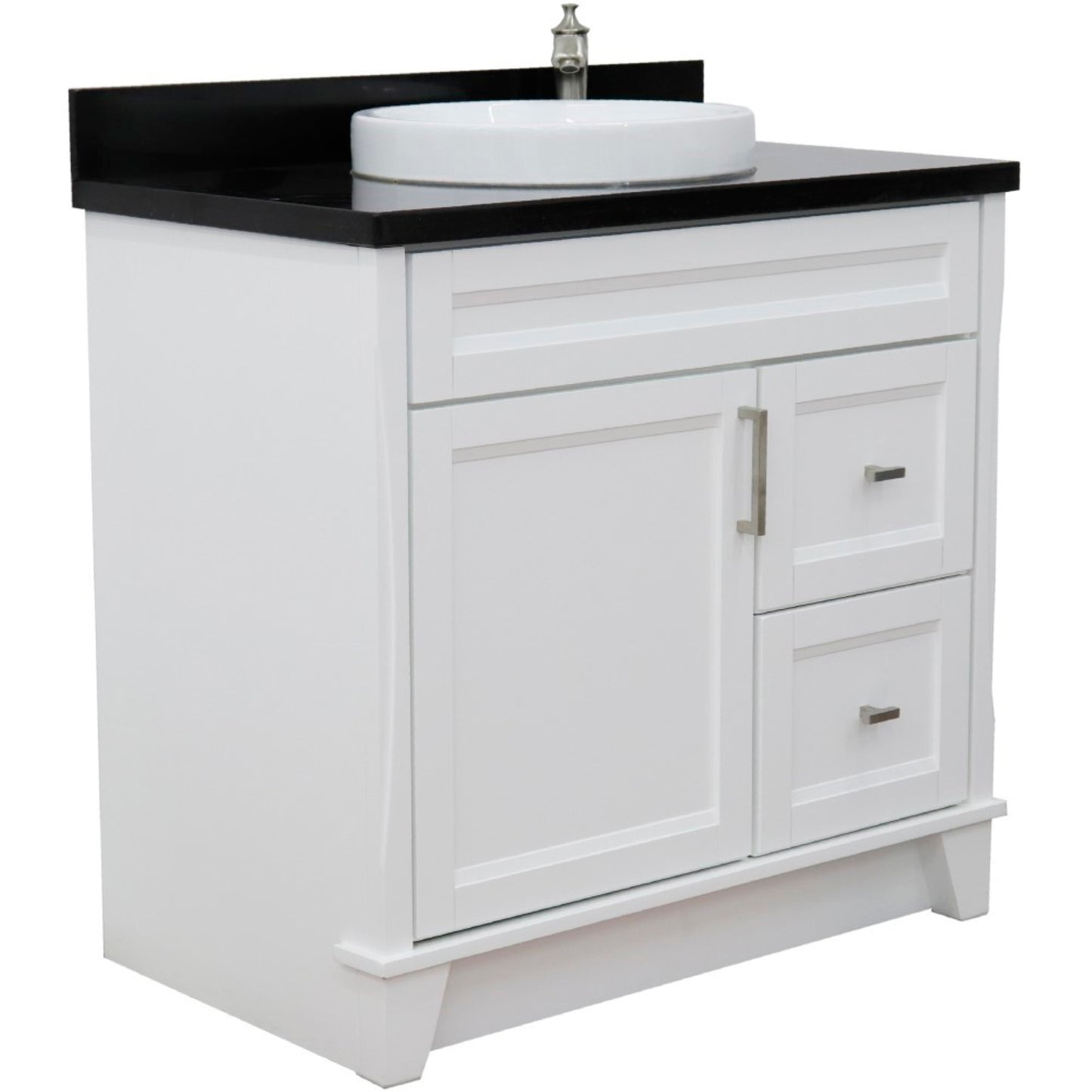 37" Single sink vanity in White finish with Black galaxy granite and Left door/Center sink