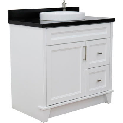 37" Single sink vanity in White finish with Black galaxy granite and Left door/Center sink