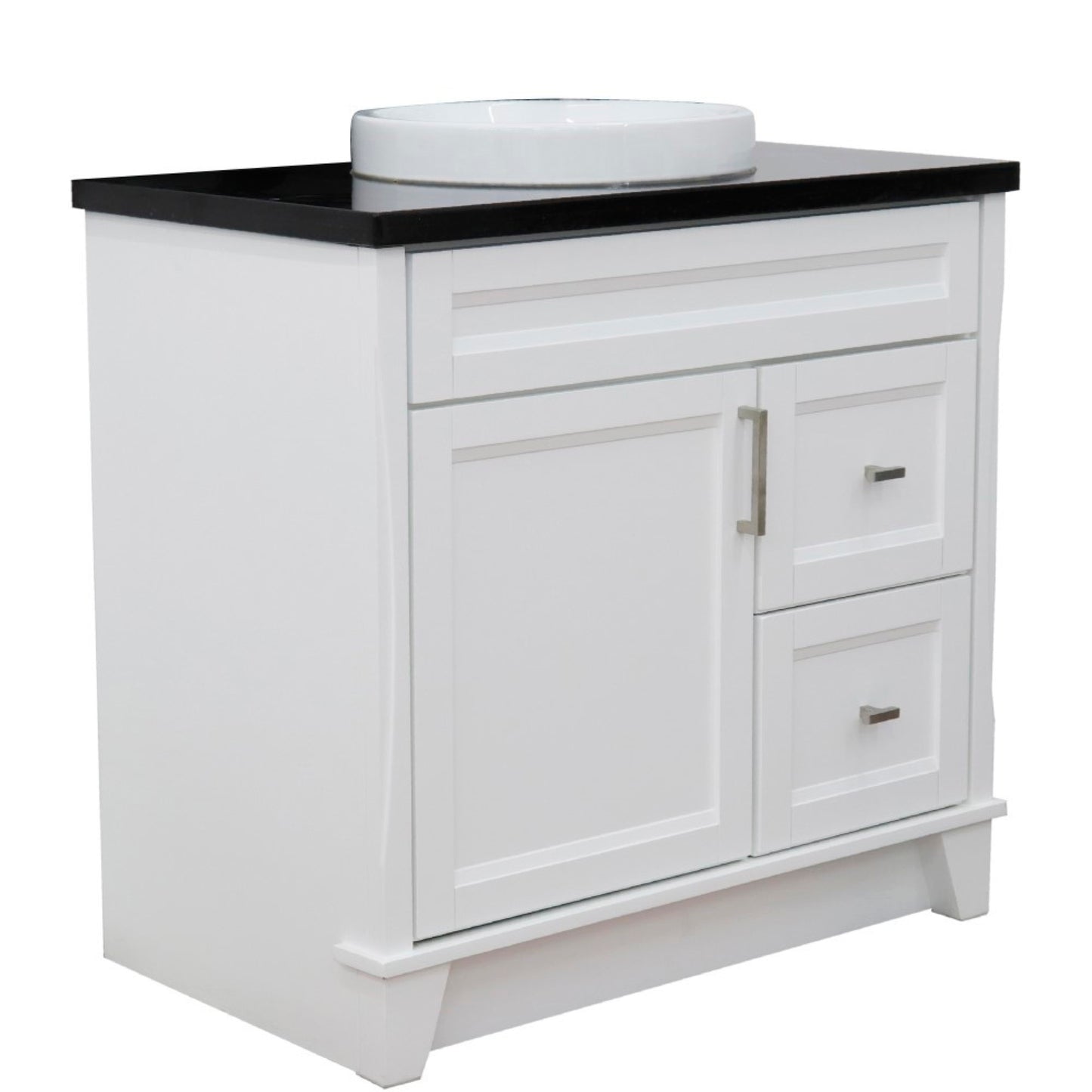 37" Single sink vanity in White finish with Black galaxy granite and Left door/Center sink