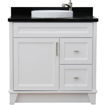 37" Single sink vanity in White finish with Black galaxy granite and Left door/Center sink