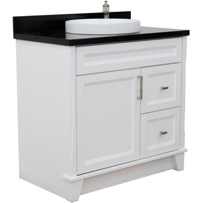 37" Single sink vanity in White finish with Black galaxy granite and Left door/Center sink