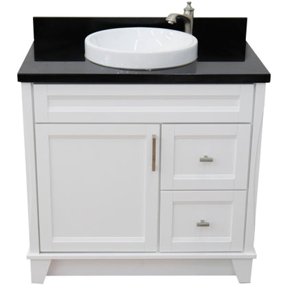 37" Single sink vanity in White finish with Black galaxy granite and Left door/Center sink
