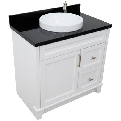 37" Single sink vanity in White finish with Black galaxy granite and Left door/Center sink