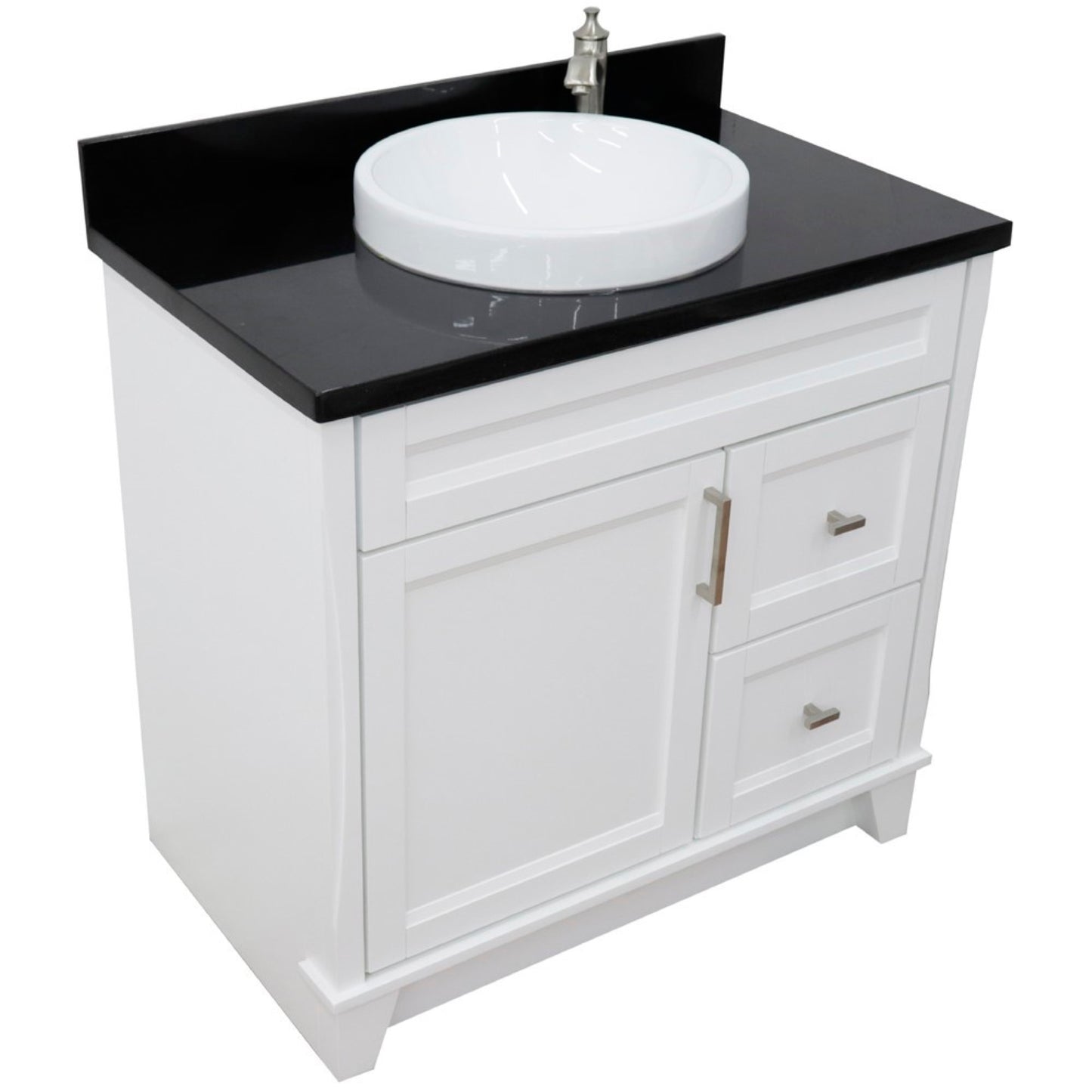 37" Single sink vanity in White finish with Black galaxy granite and Left door/Center sink