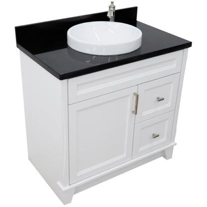 37" Single sink vanity in White finish with Black galaxy granite and Left door/Center sink