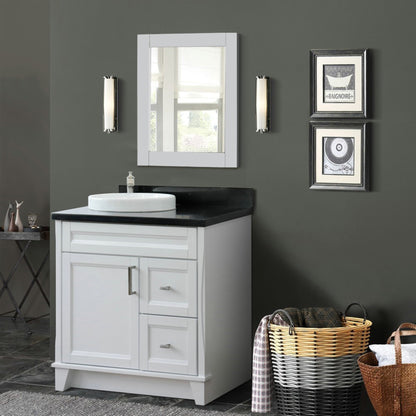 37" Single sink vanity in White finish with Black galaxy granite and Left door/Round Left sink