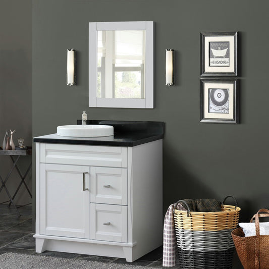 37" Single sink vanity in White finish with Black galaxy granite and Left door/Round Left sink