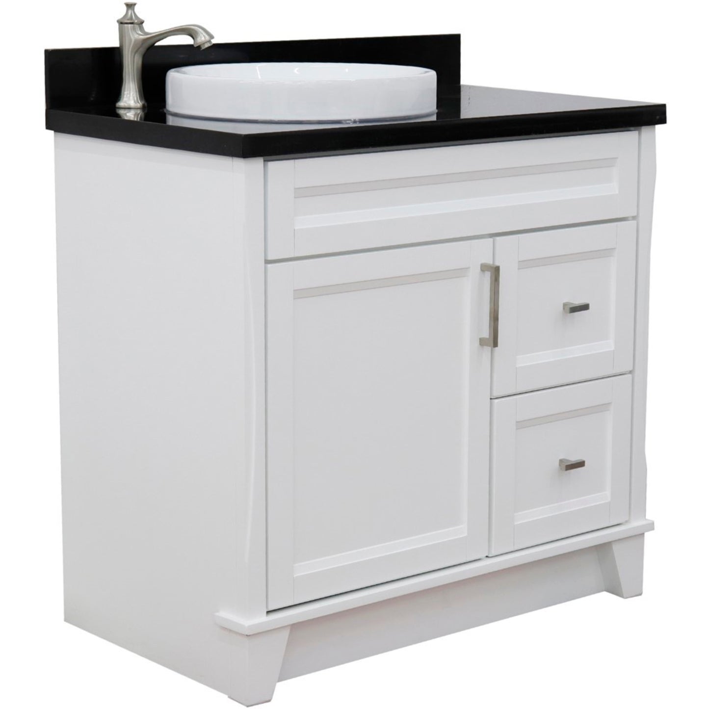 37" Single sink vanity in White finish with Black galaxy granite and Left door/Round Left sink