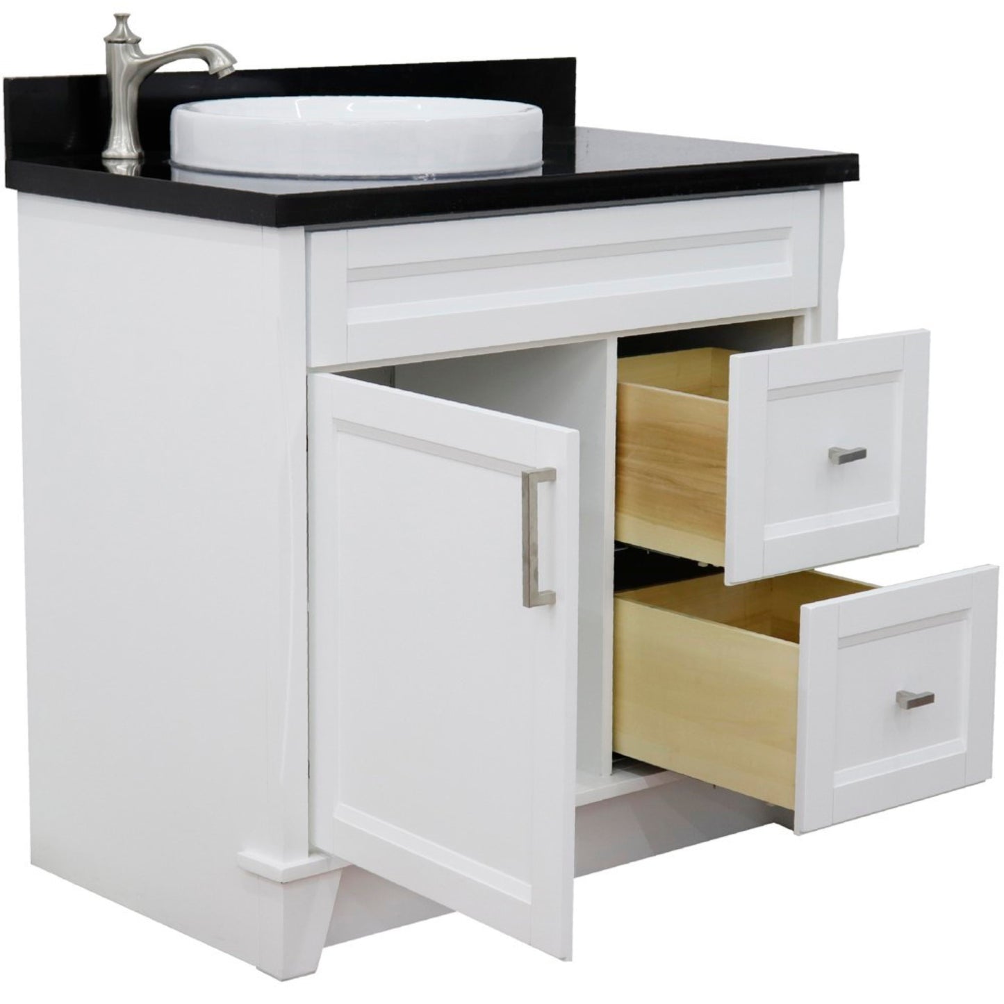 37" Single sink vanity in White finish with Black galaxy granite and Left door/Round Left sink