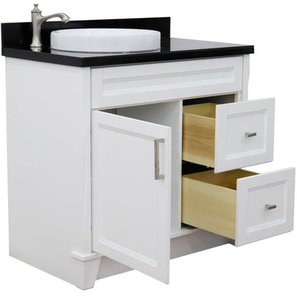 37" Single sink vanity in White finish with Black galaxy granite and Left door/Round Left sink