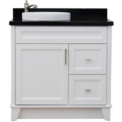 37" Single sink vanity in White finish with Black galaxy granite and Left door/Round Left sink