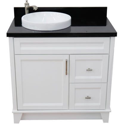 37" Single sink vanity in White finish with Black galaxy granite and Left door/Round Left sink