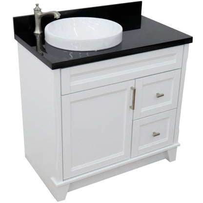 37" Single sink vanity in White finish with Black galaxy granite and Left door/Round Left sink