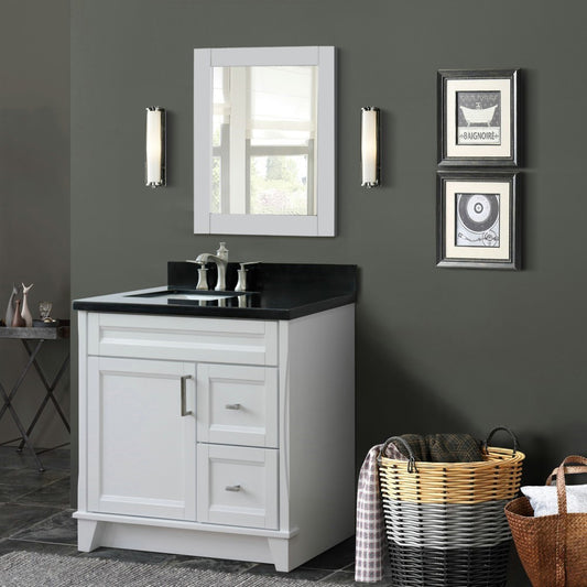 37" Single sink vanity in White finish with Black galaxy granite and Left door/Left sink
