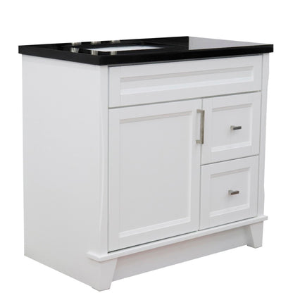 37" Single sink vanity in White finish with Black galaxy granite and Left door/Left sink