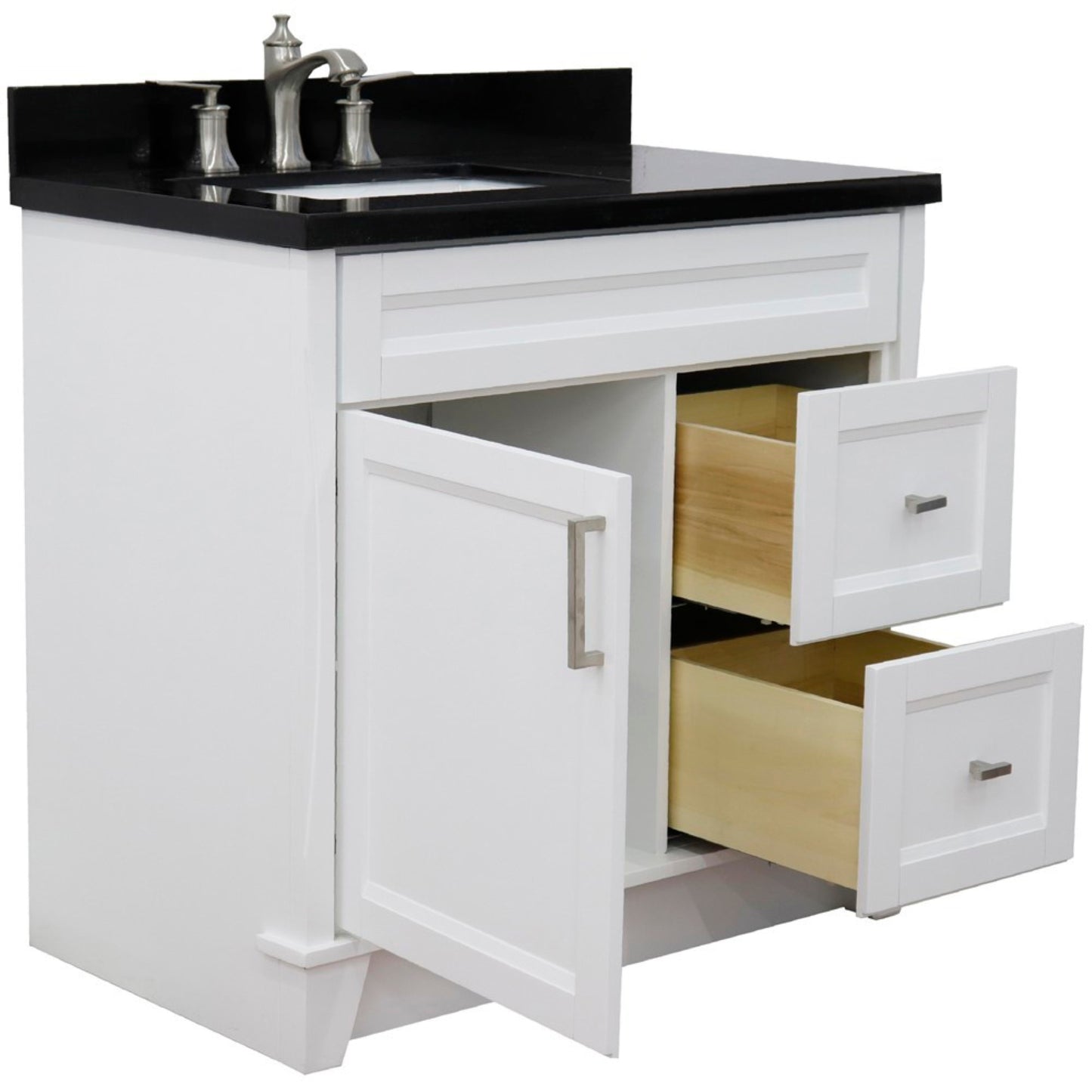 37" Single sink vanity in White finish with Black galaxy granite and Left door/Left sink