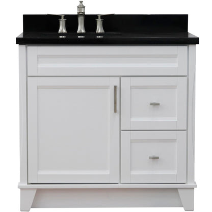 37" Single sink vanity in White finish with Black galaxy granite and Left door/Left sink
