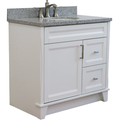 37" Single sink vanity in White finish with Gray granite and Left door/Center sink