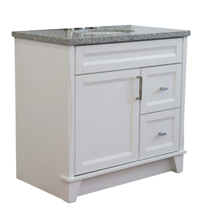 37" Single sink vanity in White finish with Gray granite and Left door/Center sink