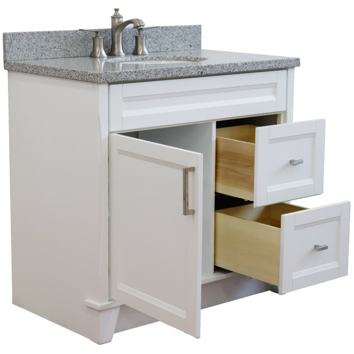 37" Single sink vanity in White finish with Gray granite and Left door/Center sink