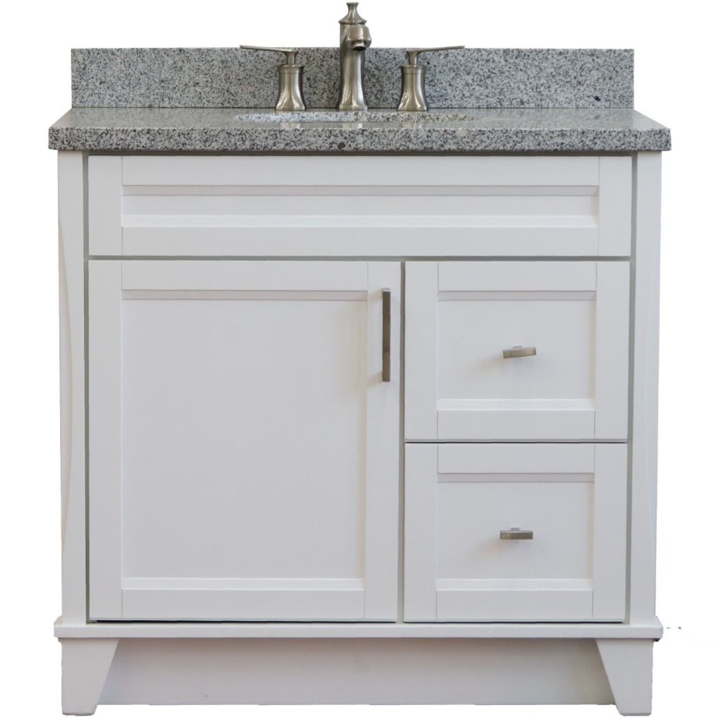 37" Single sink vanity in White finish with Gray granite and Left door/Center sink