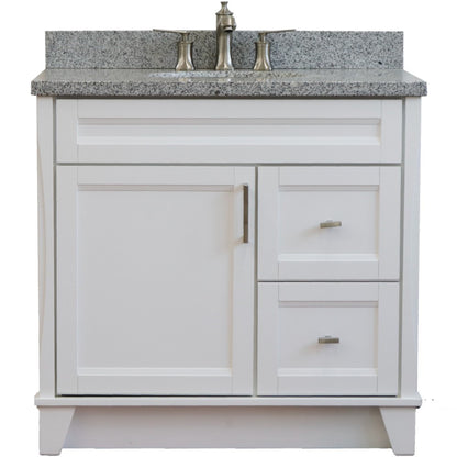 37" Single sink vanity in White finish with Gray granite and Left door/Center sink