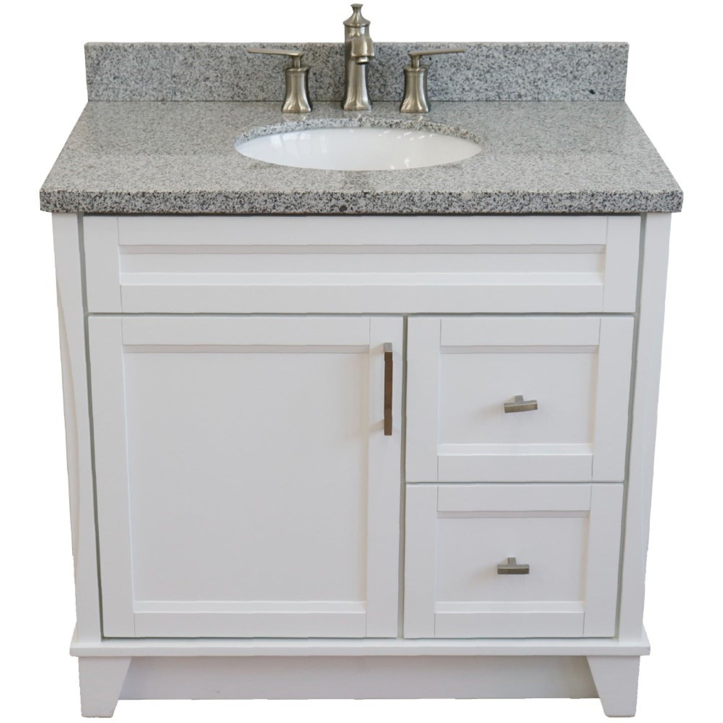 37" Single sink vanity in White finish with Gray granite and Left door/Center sink