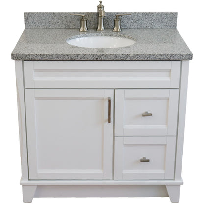 37" Single sink vanity in White finish with Gray granite and Left door/Center sink