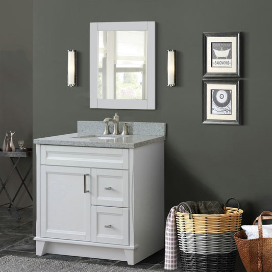 37" Single sink vanity in White finish with Gray granite and Left door/Center sink