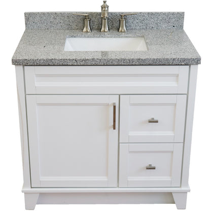 37" Single sink vanity in White finish with Gray granite and Left door/Center sink