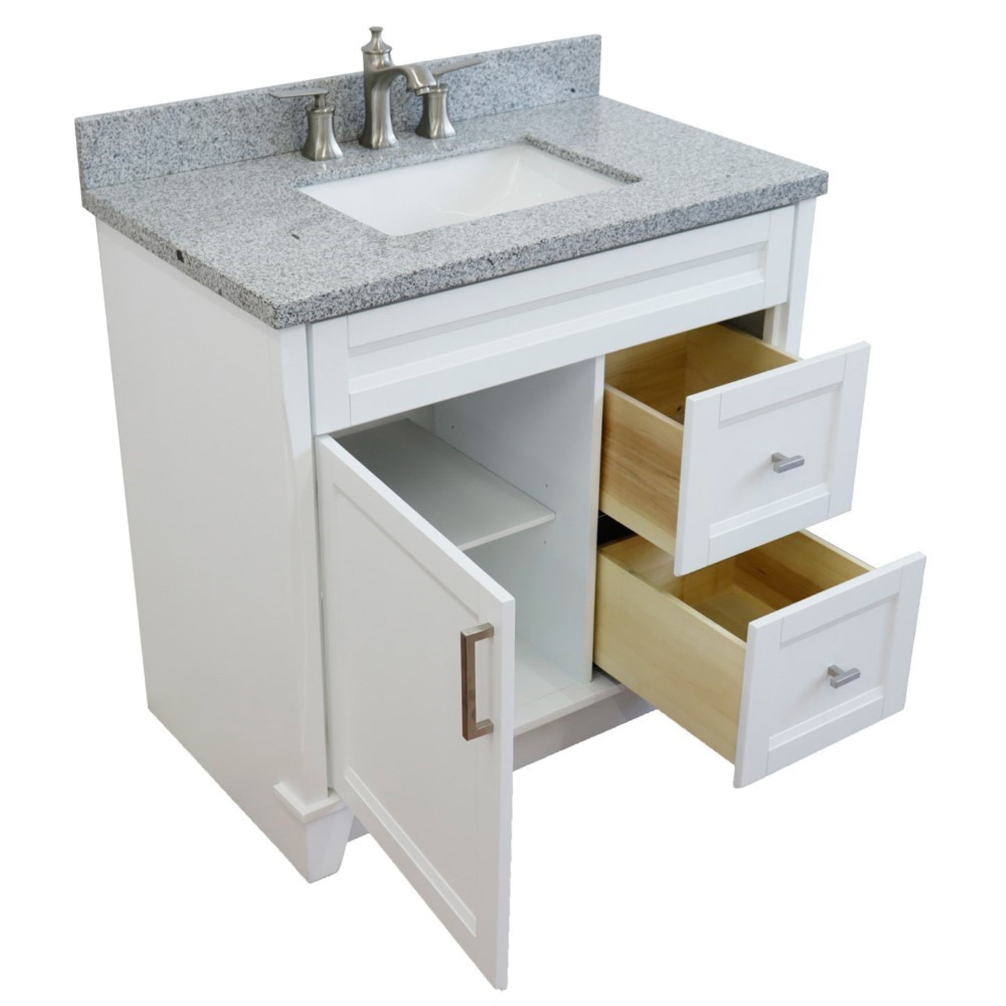 37" Single sink vanity in White finish with Gray granite and Left door/Center sink