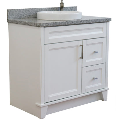 37" Single sink vanity in White finish with Gray granite and Left door/Round Center sink