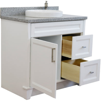 37" Single sink vanity in White finish with Gray granite and Left door/Round Center sink