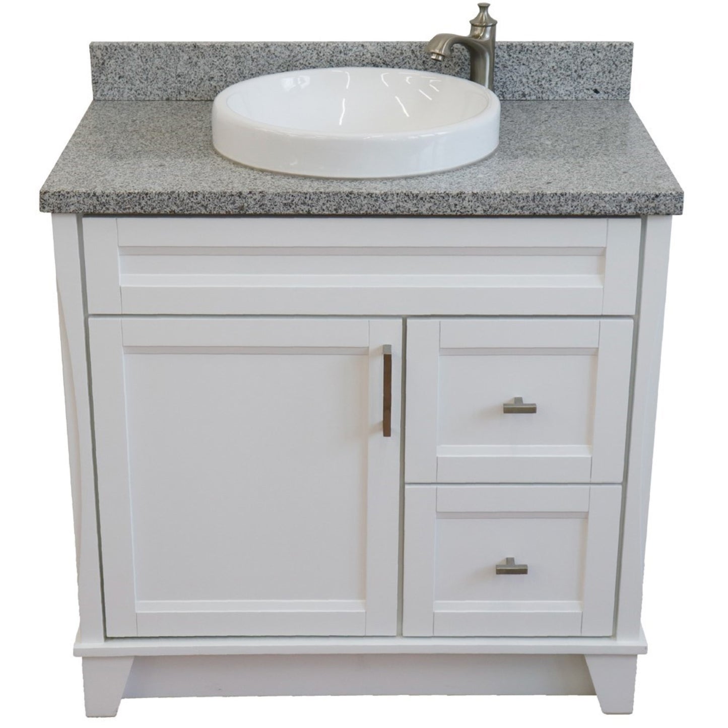 37" Single sink vanity in White finish with Gray granite and Left door/Round Center sink