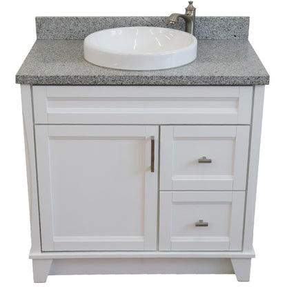 37" Single sink vanity in White finish with Gray granite and Left door/Round Center sink
