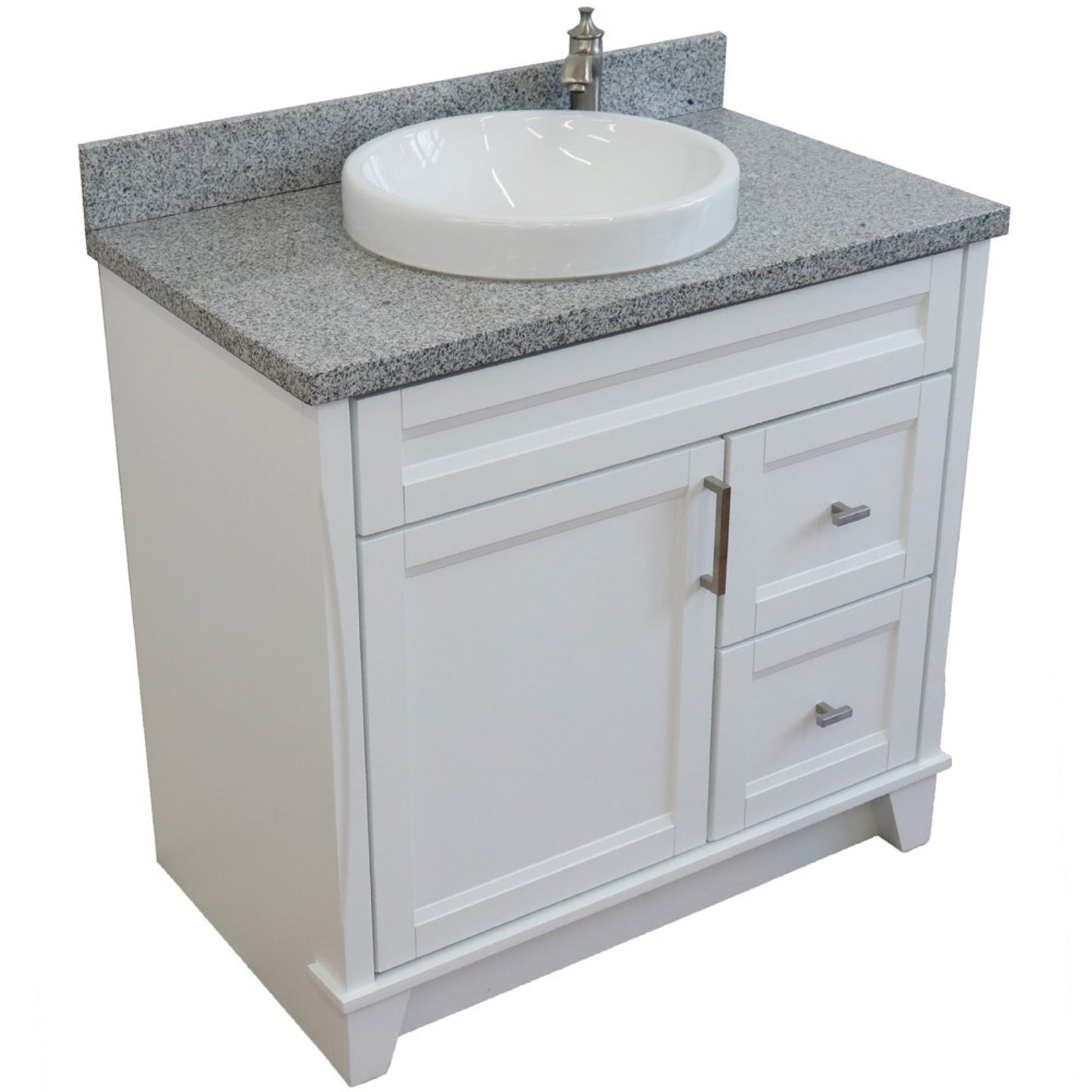 37" Single sink vanity in White finish with Gray granite and Left door/Round Center sink