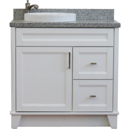 37" Single sink vanity in White finish with Gray granite and Left door/Round Left sink