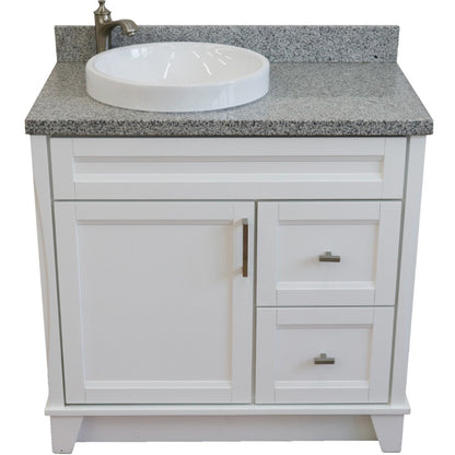 37" Single sink vanity in White finish with Gray granite and Left door/Round Left sink