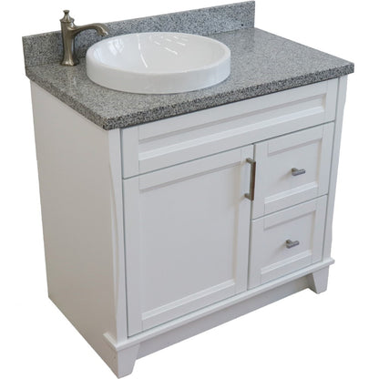 37" Single sink vanity in White finish with Gray granite and Left door/Round Left sink
