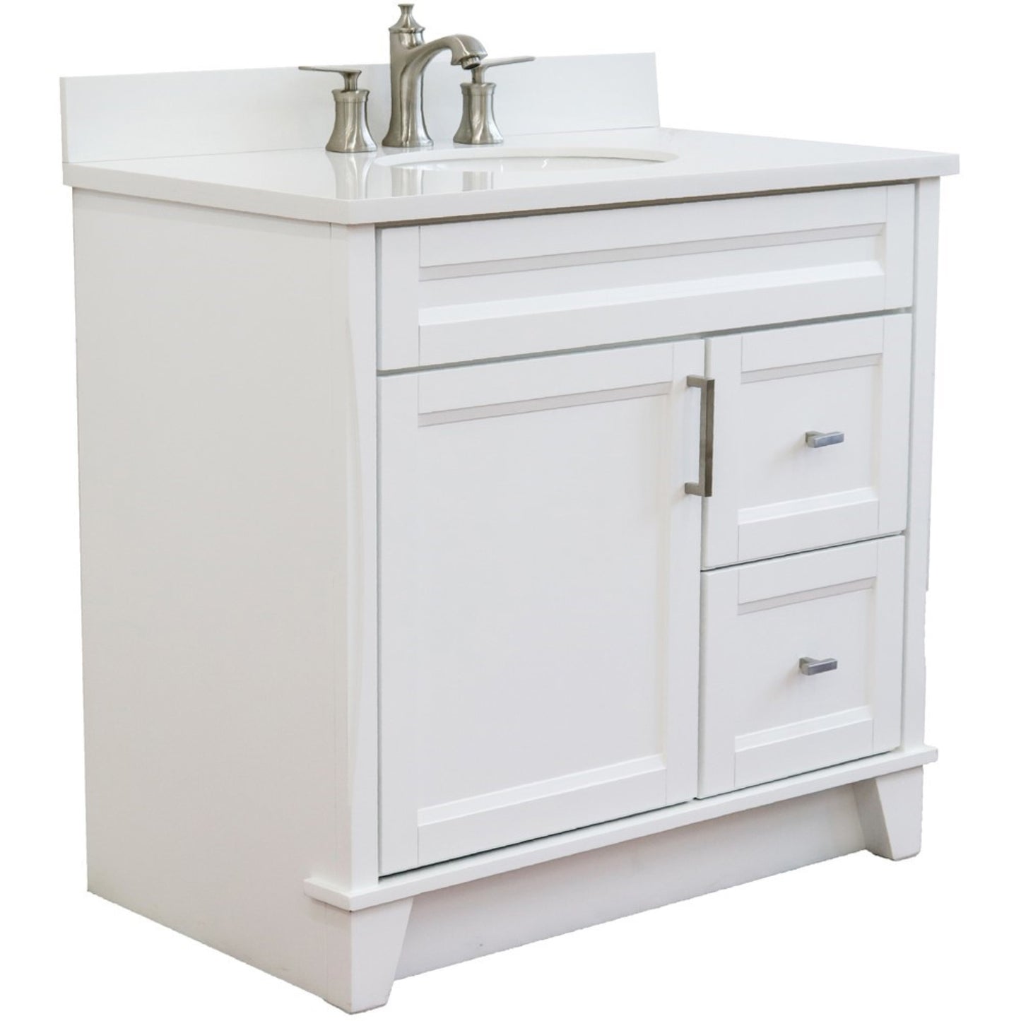 37" Single sink vanity in White finish with White engineered stone and Left door/Center sink