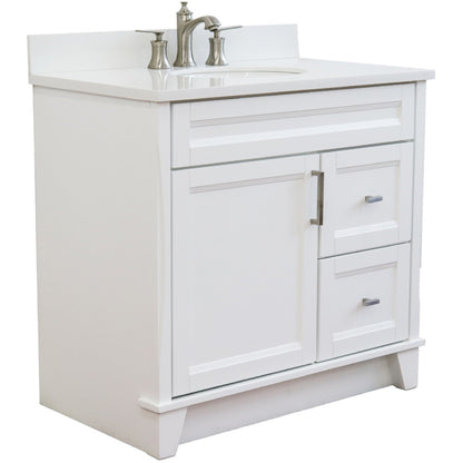 37" Single sink vanity in White finish with White engineered stone and Left door/Center sink
