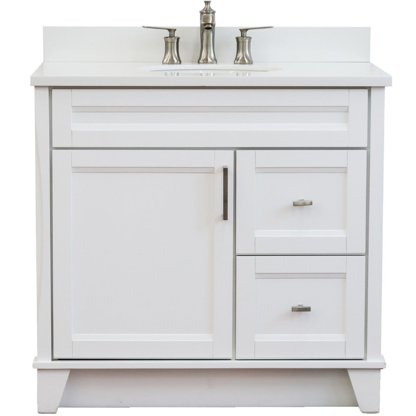 37" Single sink vanity in White finish with White engineered stone and Left door/Center sink