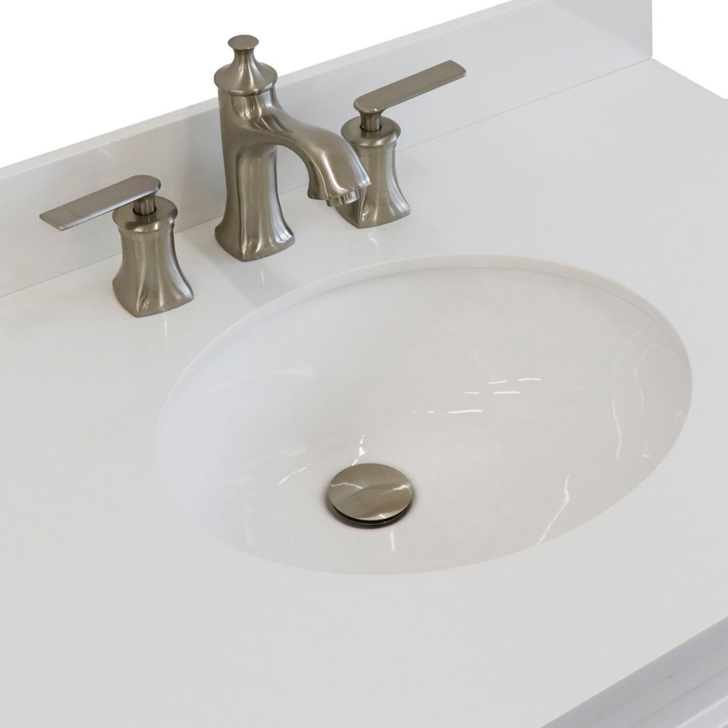37" Single sink vanity in White finish with White engineered stone and Left door/Center sink