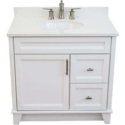 37" Single sink vanity in White finish with White engineered stone and Left door/Center sink