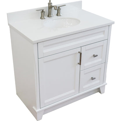 37" Single sink vanity in White finish with White engineered stone and Left door/Center sink