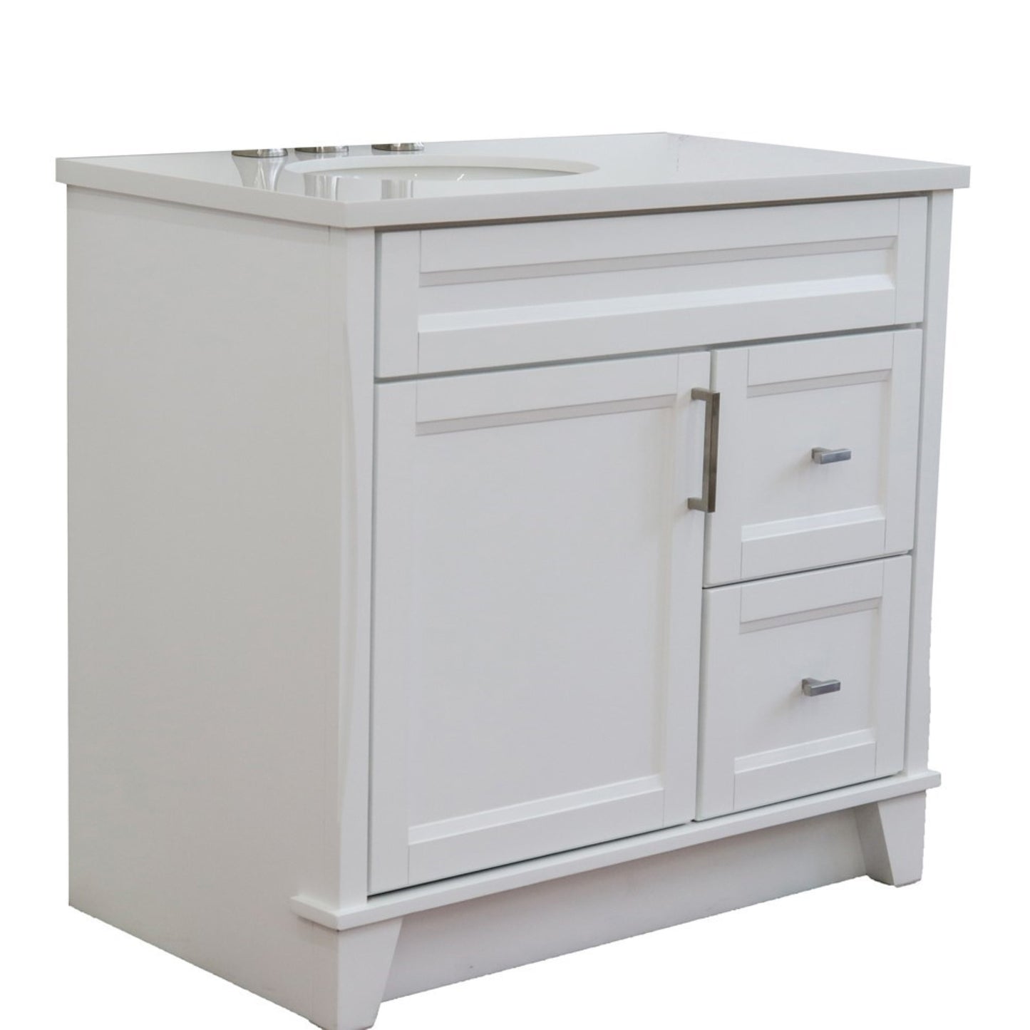 37" Single sink vanity in White finish with White engineered stone and Left door/Left sink