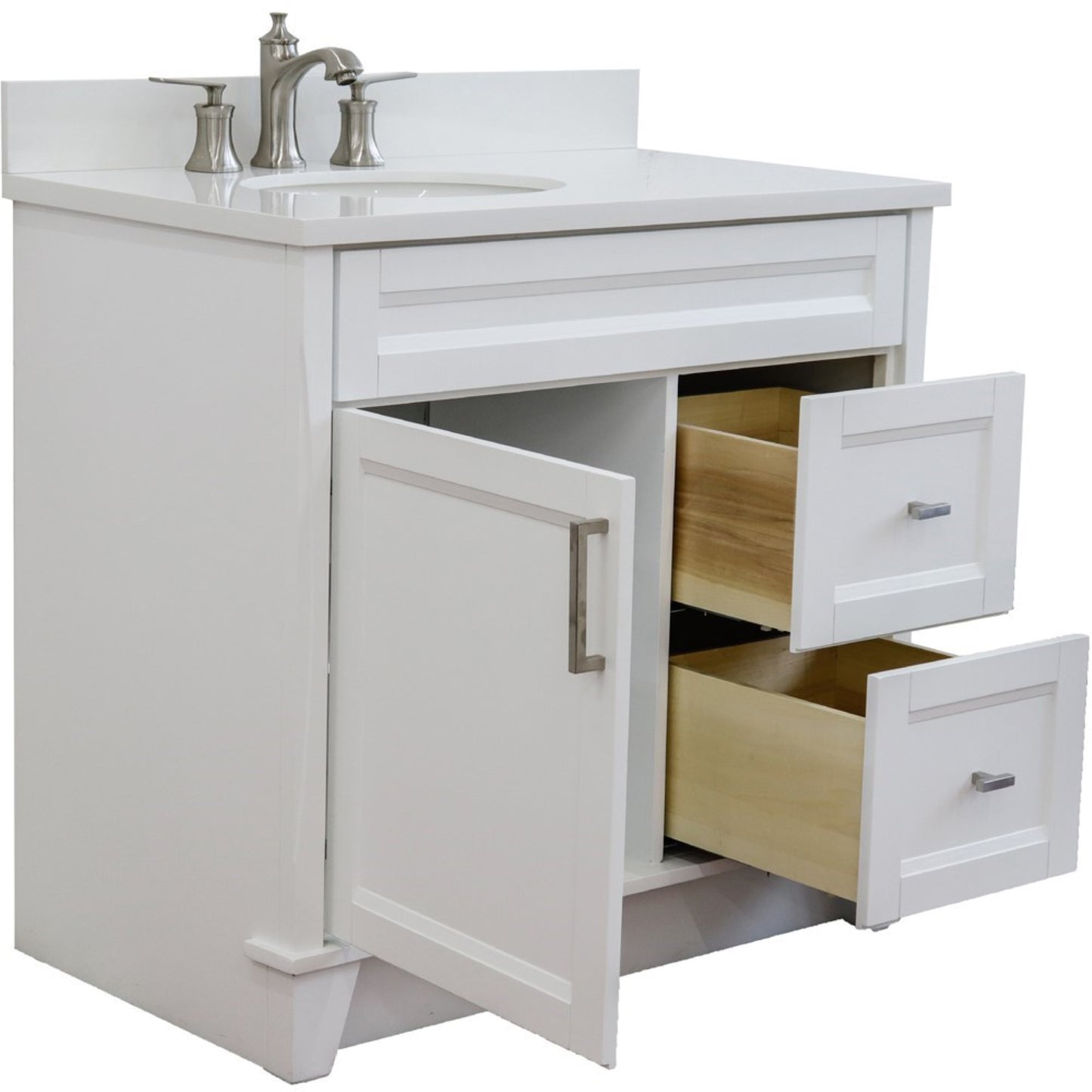 37" Single sink vanity in White finish with White engineered stone and Left door/Left sink