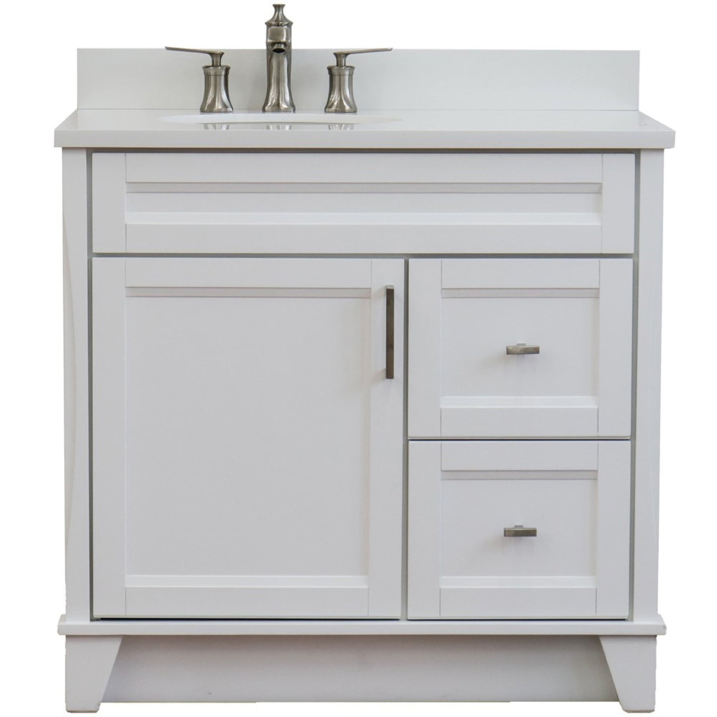 37" Single sink vanity in White finish with White engineered stone and Left door/Left sink